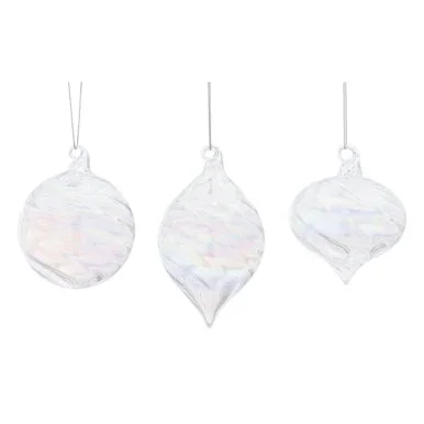 Set of 12 White Hanging Glass Christmas Ornaments, 5″ (127mm)