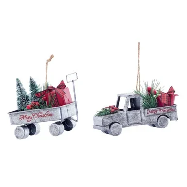 Set of 12 White, Red, and Green Home Decoration 2 Assortment Truck and Wagon Ornament, 5.5″