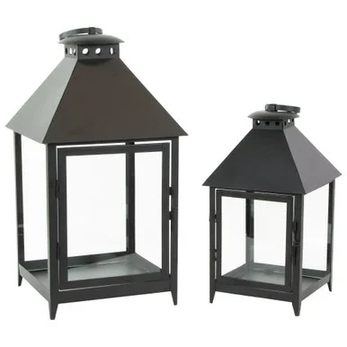 Set of 2 Black Modern Style Candle Lanterns 15.75″