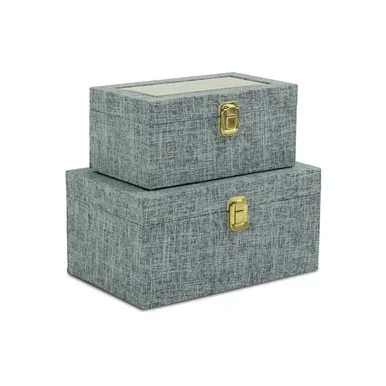 Set of 2 Blue and Gold Handmade Rectangular Linen Boxes 10.25″