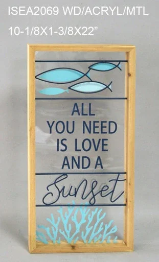 Set of 2 Brown and Blue “ALL YOU NEES IS LOVE AND A Sunset” Rectangular Framed Wall Signs 22″ – 34256040
