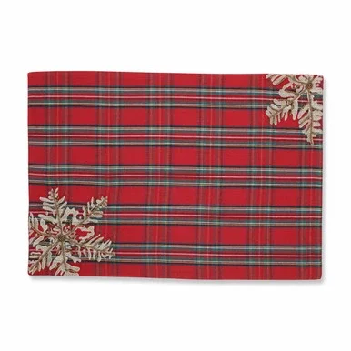 Set of 2 Christmas Snowflakes Red, Green and Silver Plaid Decorative Placemats 19”