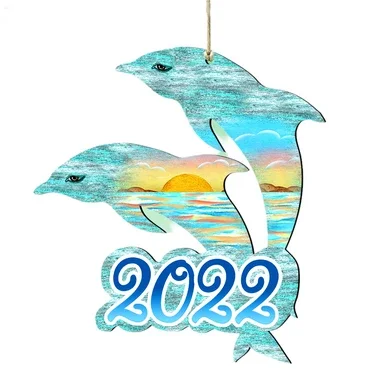 Set of 2 Dolphins Beach Scene “2022” Wooden Christmas Ornaments 5.5″