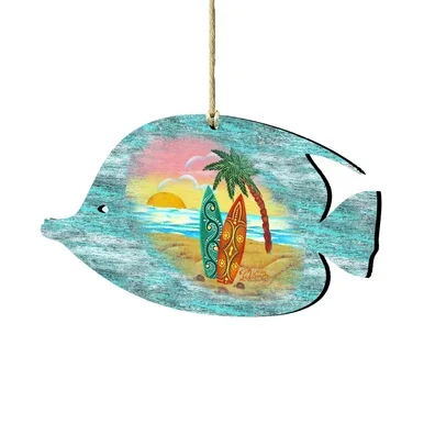 Set of 2 Fish Beach Scene Wooden Christmas Ornaments 5.5″