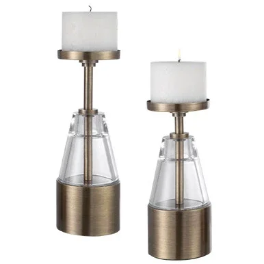 Set of 2 Glass and Brass Pillar Candle Holders 12″