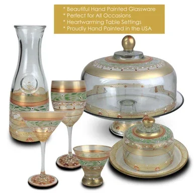 Set of 2 Gold Garland Hand Painted Martini Drinking Glasses 7″