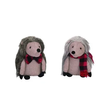 Set of 2 Gray and Red Plush Sitting Hedgehog Christmas Figurines 9″