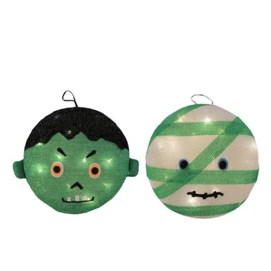 Set of 2 Green Battery Operated LED Lighted Mummy and Frankenstein Outdoor Halloween Decors 14″