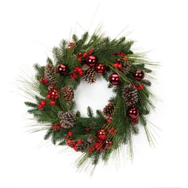 Set of 2 Green Pine Artificial Wreath with Pine cones, Berries and Ornaments 22″ – 34152847
