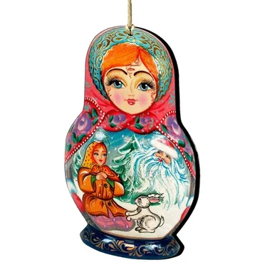 Set of 2 Matreshka Doll Santa Bunny Wooden Christmas Ornaments 5.5″