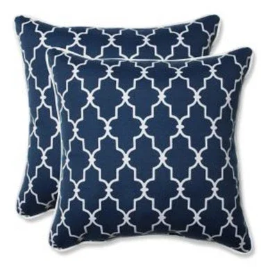 Set of 2 Moroccan Gate Navy Blue and White Square Corded Throw Pillows 18.5″