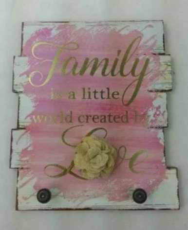 Set of 2 Pink and Gold “Family is a little world created by Love” Wall Plaques with Knob 13.25″ – 34256133