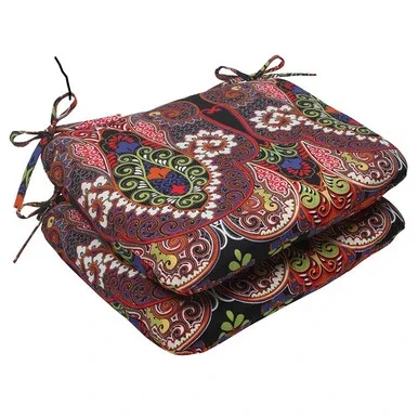 Set of 2 Red and Brown Paisley Maze Outdoor Patio Rounded Chair Cushions 18.5″