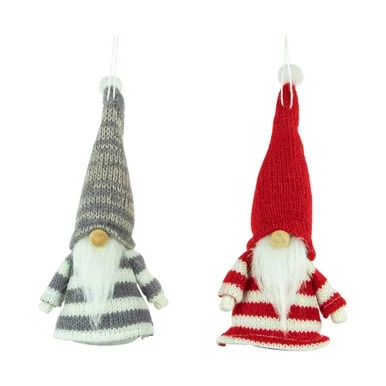 Set of 2 Red and Gray Striped Gnome Plush Christmas Ornaments 6.25″
