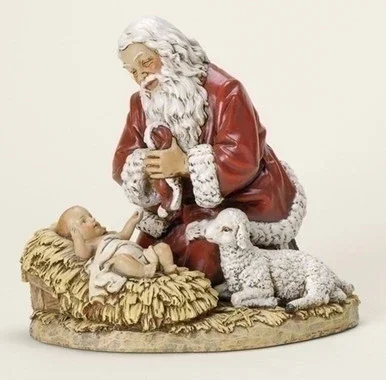 Set of 2 Subtle Colored Kneeling Santa Claus with Baby Jesus Christmas Figures, 8.75″