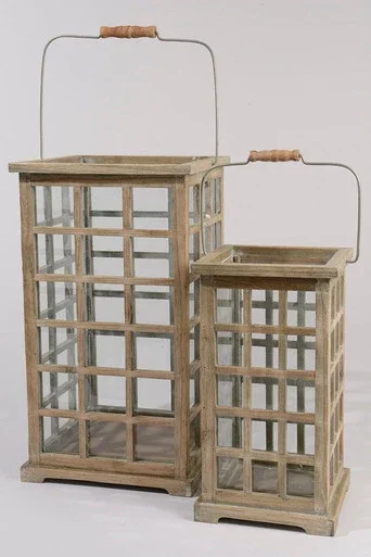 Set of 2 Tea Garden Rustic Natural Fir Wooden Pillar Candle Lanterns 19.5″