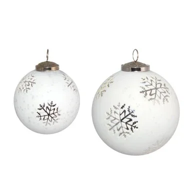 Set of 2 White and Silver Glass Snowflake Ball Ornament 6”