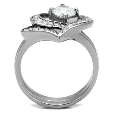 Set of 2 Women’s Stainless Steel Heart Shaped Rings with Round CZ Stones, Size 8