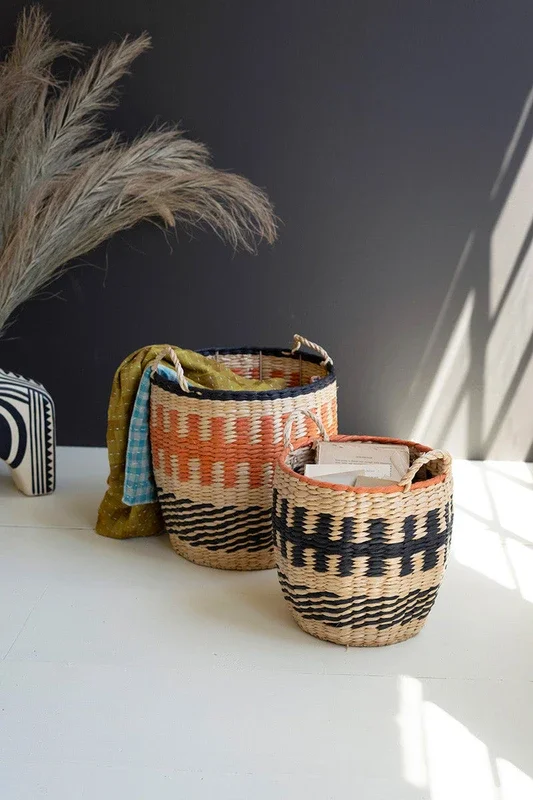 Set of 2 Woven Orange and Black Seagrass Baskets
