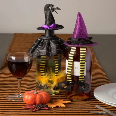 Set of 2 Yellow and Pink Halloween Themed Wine Outfit Covers 10″