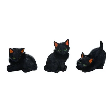 Set of 3 Black Cat with Feathers Halloween Figurines 6″