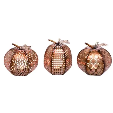Set of 3 Bronze and Brown Pumpkin Thanksgiving Tealight Holders 8″