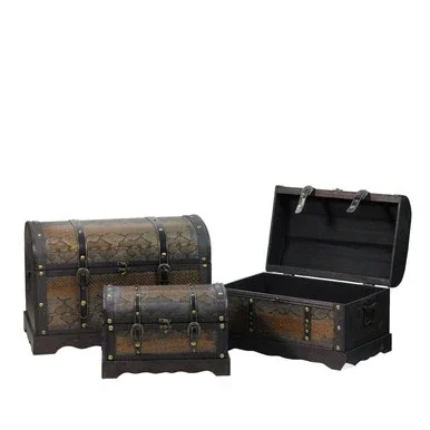 Set of 3 Decorative Antique Brown Wood and Faux Snakeskin Storage Boxes 22.5″