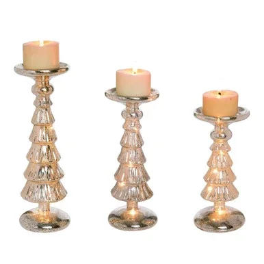 Set of 3 Gold LED Trees Glass Christmas Pillar Candle Holders 15″
