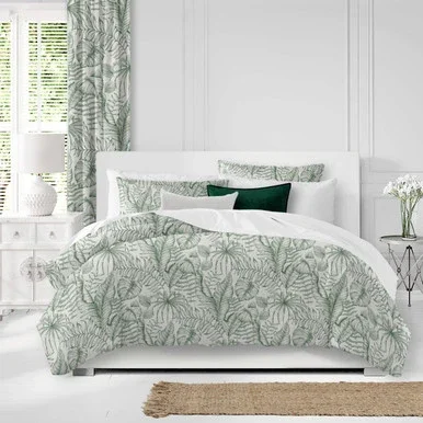 Set of 3 Green and White Tropical Leaves Duvet Cover with Pillow Shams – California King Size