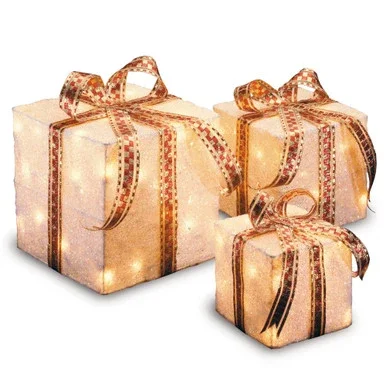 Set of 3 LED Lighted White and Gold Christmas Decorative Gift Boxes 10″