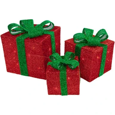 Set of 3 Lighted Red Sisal Christmas Gift Boxes with Green Bows Outdoor Decorations