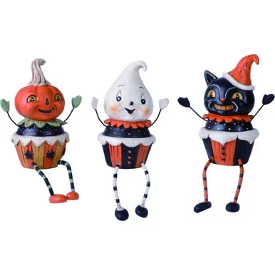 Set of 3 Orange and White Cupcake Mate Sitter Halloween Figurines 7″