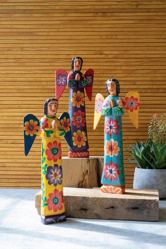 Set of 3 painted wooden angels