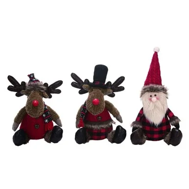 Set of 3 Red and Black Plush Rustic Sitting Character Christmas Decor 13″