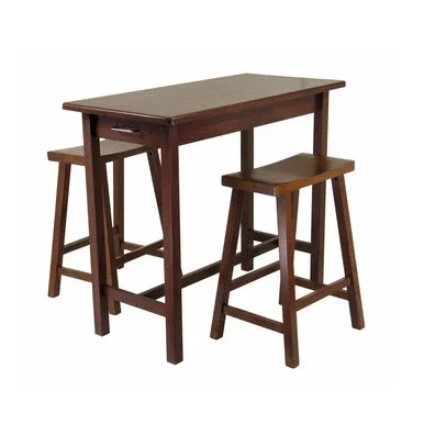 Set of 3 Walnut Brown Wooden Kitchen Island with Saddle Seat Stools 39.25″