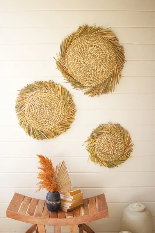 Set of 3 woven round rush wall art