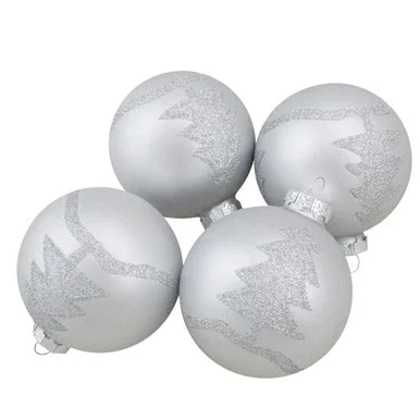 Set of 4 Silver Glass Ball Christmas Ornaments 3.25″ (80mm)