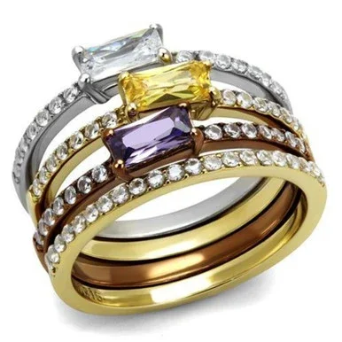 Set of 4 Women’s Three Tone Stainless Steel Ring with Multi Color CZ Stones, Size 5