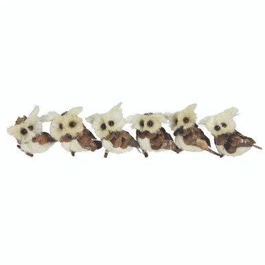 Set of 6 Brown and Ivory Sisal Owls Christmas Ornaments, 2.25″
