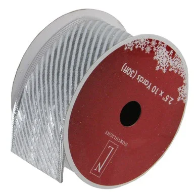 Shiny Silver Diagonal Striped Wired Christmas Craft Ribbon 2.5″ x 10 Yards