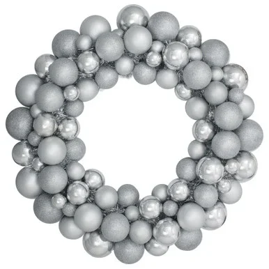 Silver Splendor 3-Finish Shatterproof Ball Christmas Wreath 24″ – Unlit