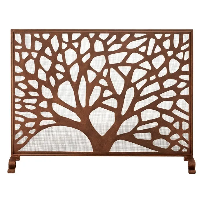 Single-Panel Rose Gold Abstract Tree Fireplace Screen