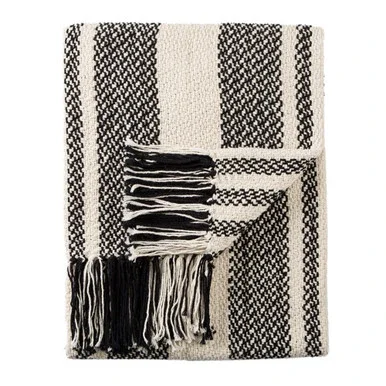 Soft Ivory and Black Striped Fringed Throw Blanket 60″ x 90″
