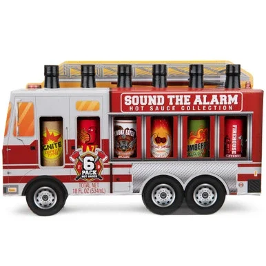 Sound the Alarm Fire Truck Hot Sauce Gift Set, Flavors Include Sweet & Spicy, Garlic Hot Sauce, Smoky Bourbon, and More, Pack of 6