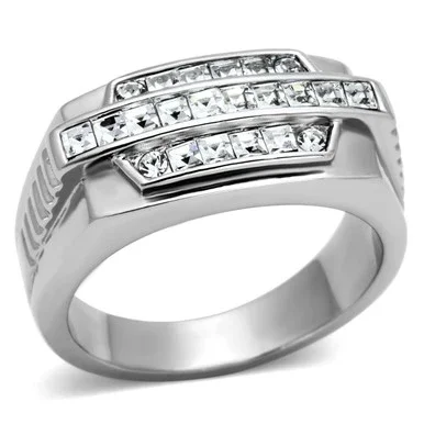 Stainless Steel Men’s Tapered Ring with Square Clear Crystals – Size 8