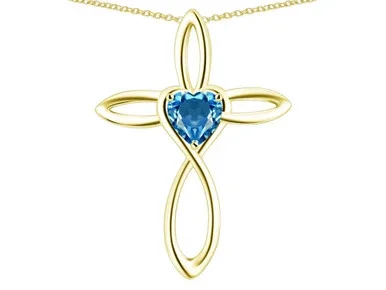 Star K 10k Gold Infinity Love Cross with Genuine Blue Topaz Heart Stone Pendant Necklace 319082W