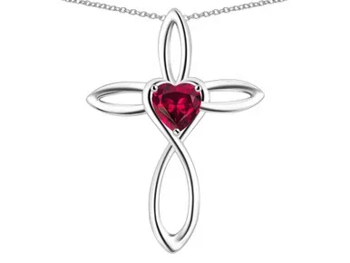 Star K 14k Gold Infinity Love Cross with Created Ruby Heart Stone Pendant Necklace 319035B