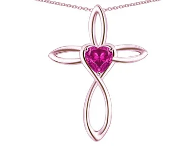 Star K 14k Gold Infinity Love Cross with Simulated Pink Tourmaline Heart Stone Pendant Necklace 319109P