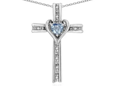 Star K 14k Gold Two Tone Love Cross with Simulated Aquamarine Heart Stone Pendant Necklace 319153B