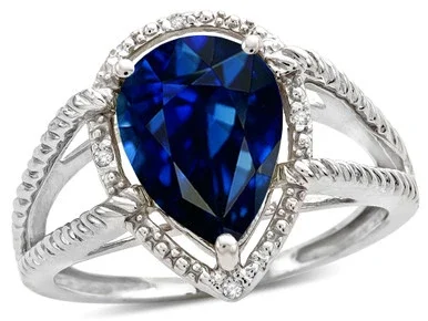 Star K Pear Shape 11x8mm Created Sapphire Halo Split Shank Big Stone Ring – 314464B7